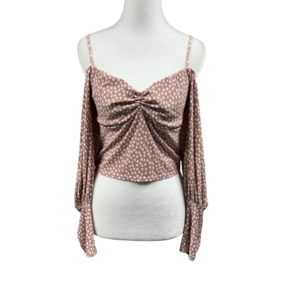 Olive Tree Cold Shoulder Puff Sleeve Polka Dot Ruched Crop Blouse Sz M Mauve